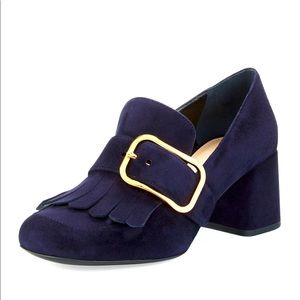 PRADA Kiltie Buckle Suede loafer pump bleu